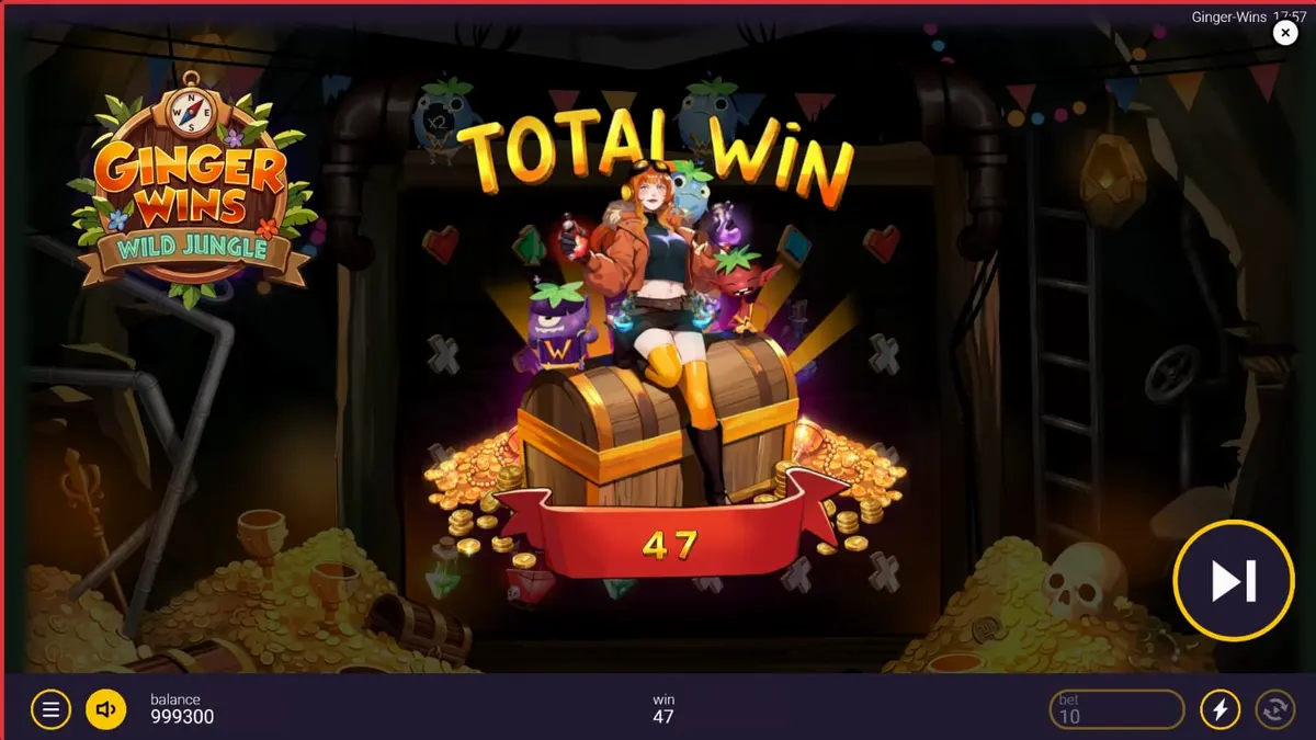 Tampilan visual slot Ginger Wins Wild Jungle dengan latar belakang hutan tropis dan simbol-simbol berwarna cerah.