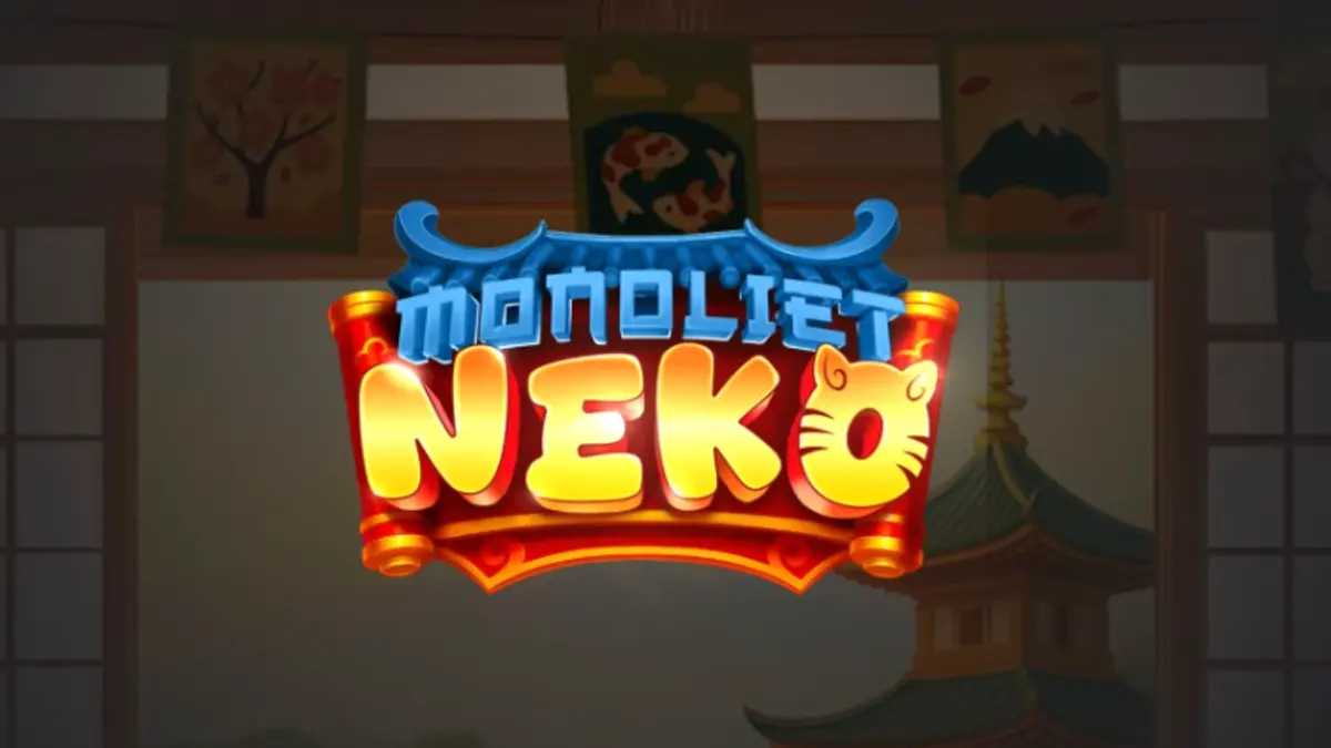 Tampilan visual slot Monoliet Neko dengan simbol kucing keberuntungan dan nuansa emas.